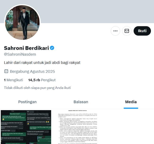 Akun mengatasnamakan Ahmad Sahroni.(X)